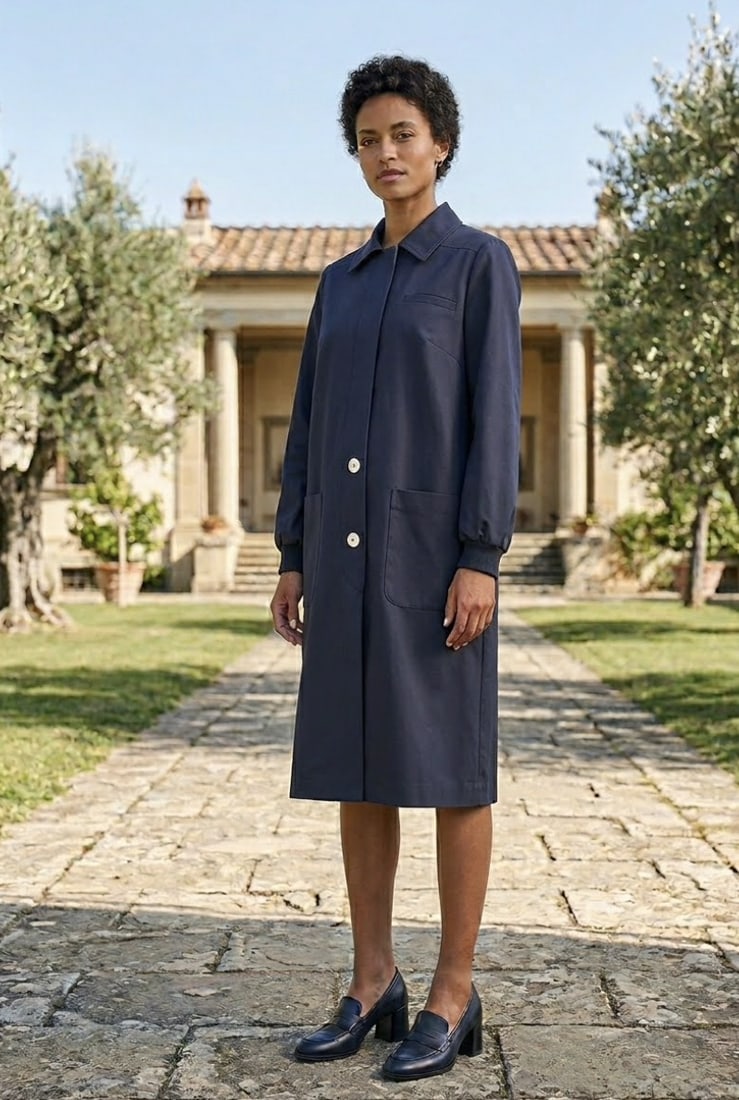 VALENTINO NAVY BLUE OVERSIZED SHIRT DRESS: This vintage Valentino Miss V piece is a refined navy blue shirt dress (or light coat dress) that exemplifies the sophisticated, "soft tailoring" of the late 1980s or early 1990s. Key Design Features 