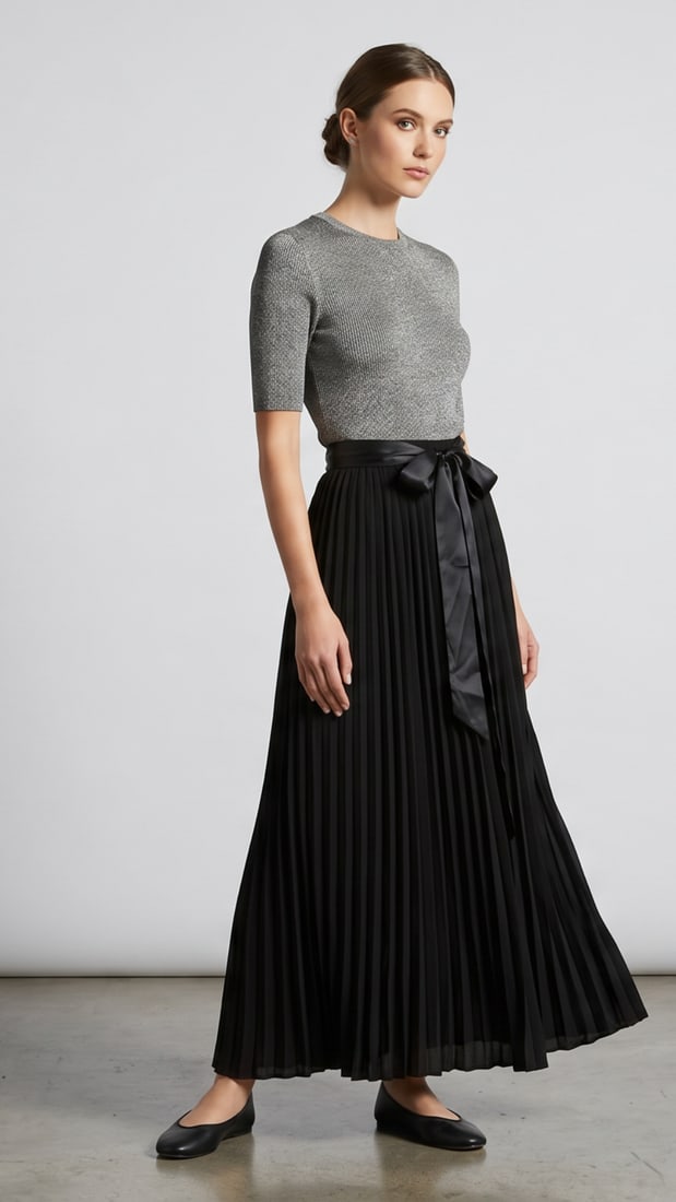 JULIO FULL LENGTH BLACK CHIFFON BALLERINA STYLE SKIRT: This skirt from Julio is a timeless, floor-length maxi design that blends a romantic aesthetic with refined evening wear details. Fabric & Texture: The skirt is crafted from a lightweight, flowing fab