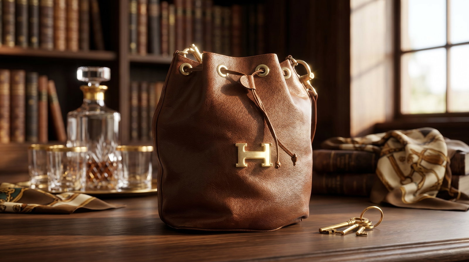 HERMÈS MARKET BUCKET COURCHEVEL LEATHER HANDBAG: This is a vintage Hermès "Market" Bucket Bag from the late 1980s, typically crafted from brown Courchevel leather. Style: A classic drawstring bucket bag with a relaxed, cylindrical silhouette.Exteri