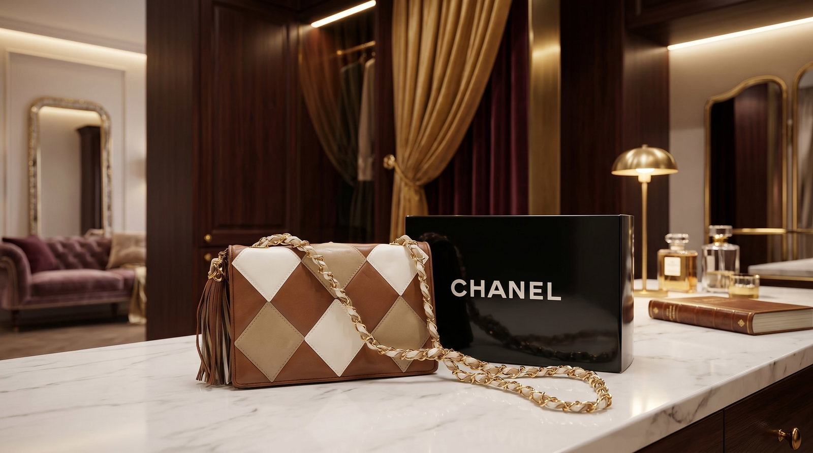 CHANEL SAC ARLEQUIN TASSEL FLAP HANDBAG POCKETBOOK- RARE!: This rare vintage item is the Chanel Sac Arlequin Tassel Flap Bag, a highly collectible piece from the late 1980s to early 1990s. Designed during the Karl Lagerfeld era, it features the distinctive "A