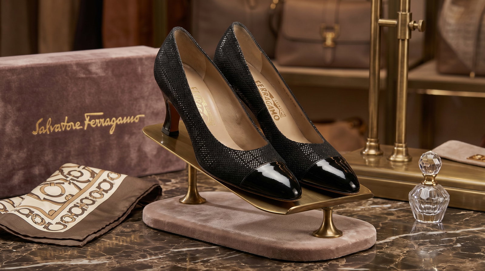 SALVATORE FERRAGAMO VINTAGE CAP-TOE LEATHER PUMPS: These are Salvatore Ferragamo Vintage Cap-Toe Pumps, a classic and sophisticated silhouette known for its timeless appeal. Design: The shoes feature a "cap-toe" design, where the tip of the shoe is ma
