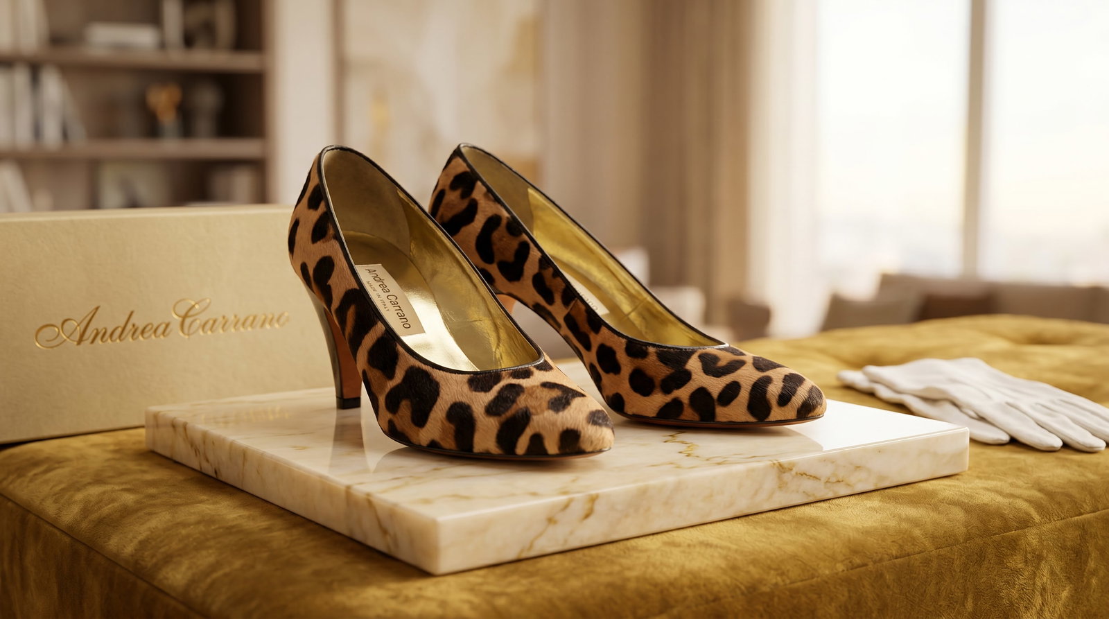 ANDREA CARRANO LEOPARD PRINT CALF HAIR PUMPS: These are vintage Andrea Carrano Leopard Print Calf Hair Pumps, an elegant example of mid-to-late 20th-century Italian footwear. Material: The upper is crafted from calf hair (often referred to as