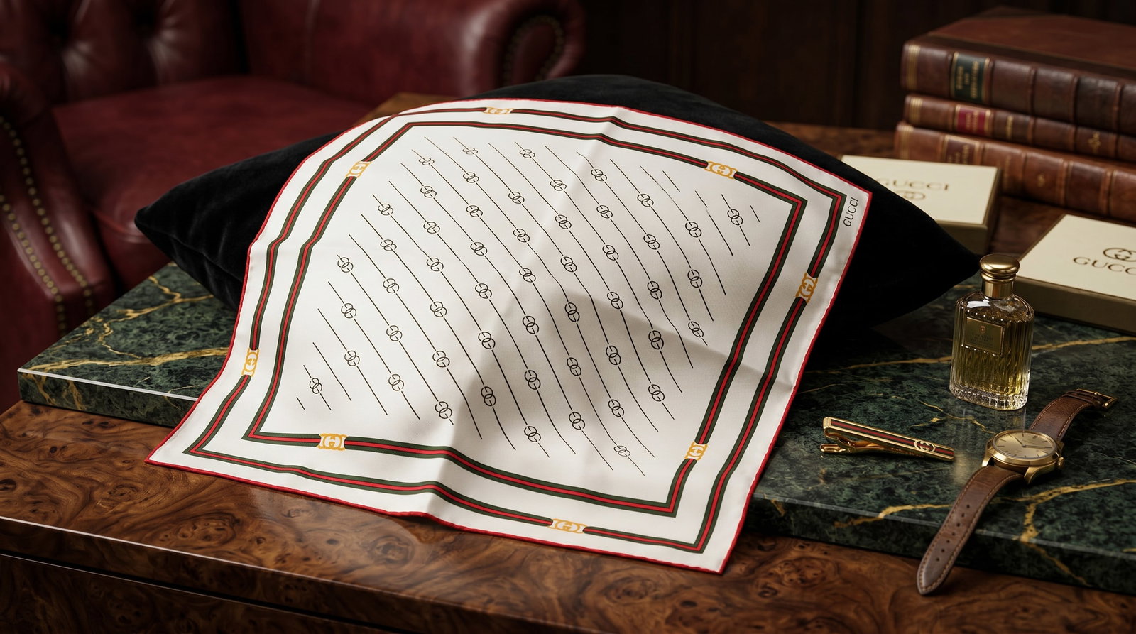 GUCCI HANDKERCHIEF / POCKET SQUARE HERITAGE MOTIF: This is a vintage Gucci Silk Twill Square Handkerchief or Pocket Square, featuring the house's most iconic heritage motifs from the late 20th century. Central Field: Set against an off-white or cream