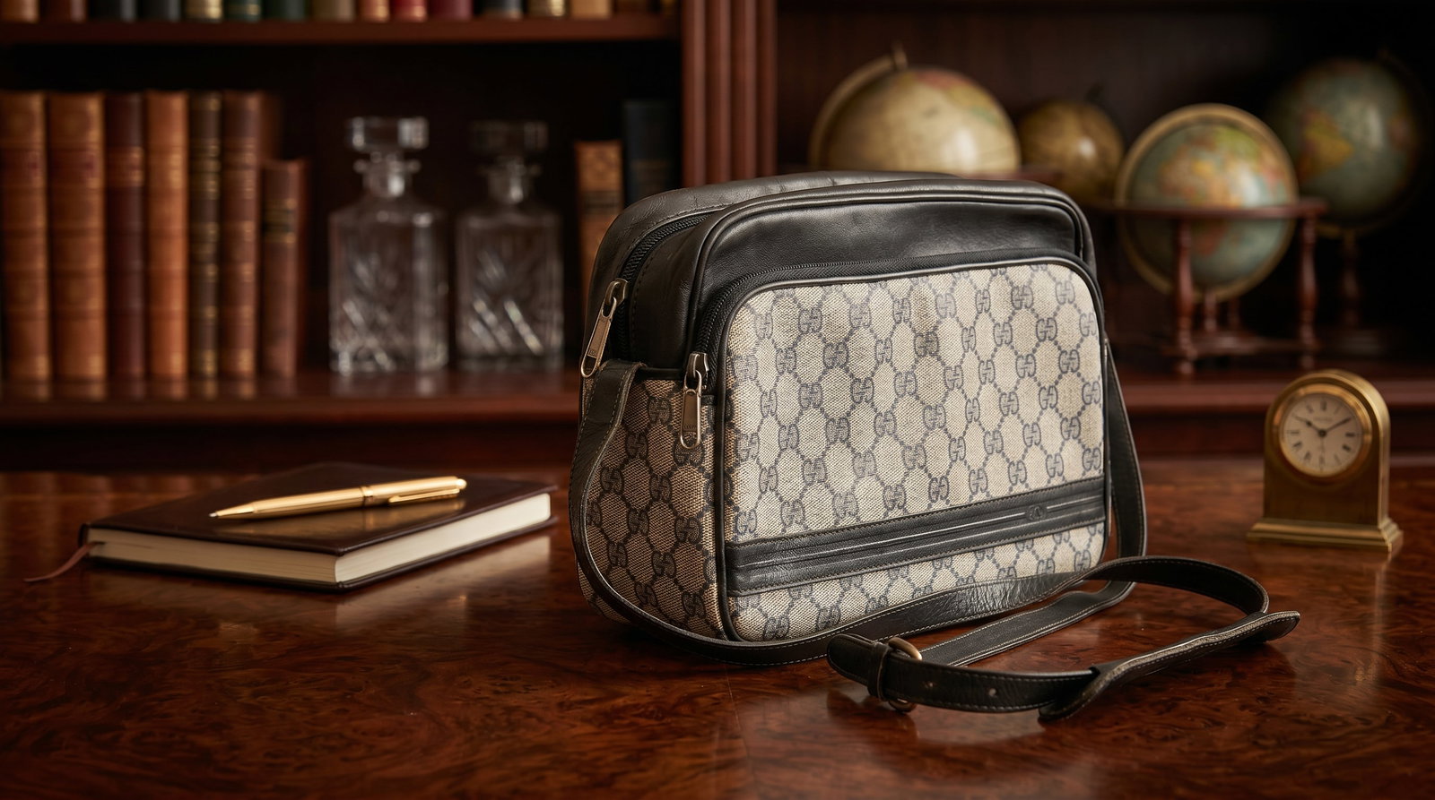 GUCCI GG SUPREME MONOGRAM CROSSBODY HANDBAG / CAMERA BAG: This handbag is an authentic vintage Gucci GG Supreme Monogram Crossbody Camera Bag, dating back to the late 1970s or 1980s as part of the famous Gucci Accessory Collection. Body: Crafted from durable