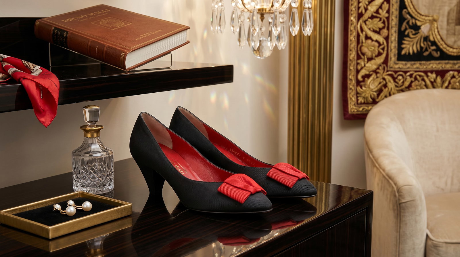 BRUNO MAGLI RED & BLACK EVENING PUMPS: These vintage Bruno Magli pumps showcase a striking, high-contrast evening look from the brand's premium Italian footwear archives. Upper: Crafted from fine, matte black suede, providing a deep,