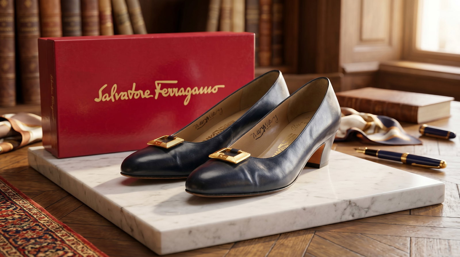 SALVATORE FERRAGAMO GANCINI BUCKLE LOW-HEEL NAVY PUMPS: These are a pair of vintage Salvatore Ferragamo "Gancini" square-buckle low-heel pumps. They represent the classic, understated luxury uniform style popularized by the fashion house during the late