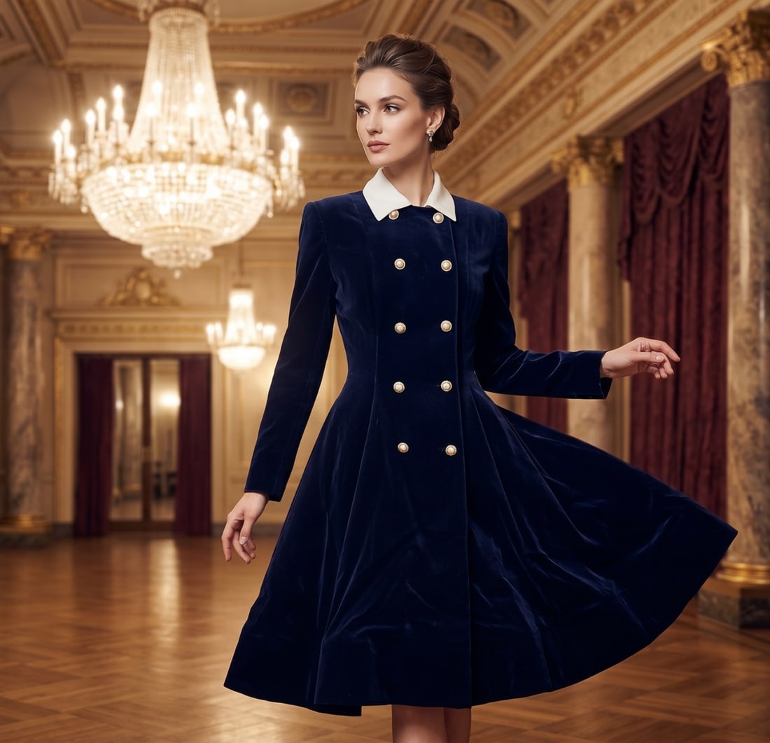 OSCAR DE LA RENTA DOUBLE-BREASTED BLUE VELVET DRESS: This vintage Miss O by Oscar de la Renta double-breasted dress showcases the late designer's iconic structured femininity from the late 1980s or early 1990s. Bodice: Designed with a tailored,