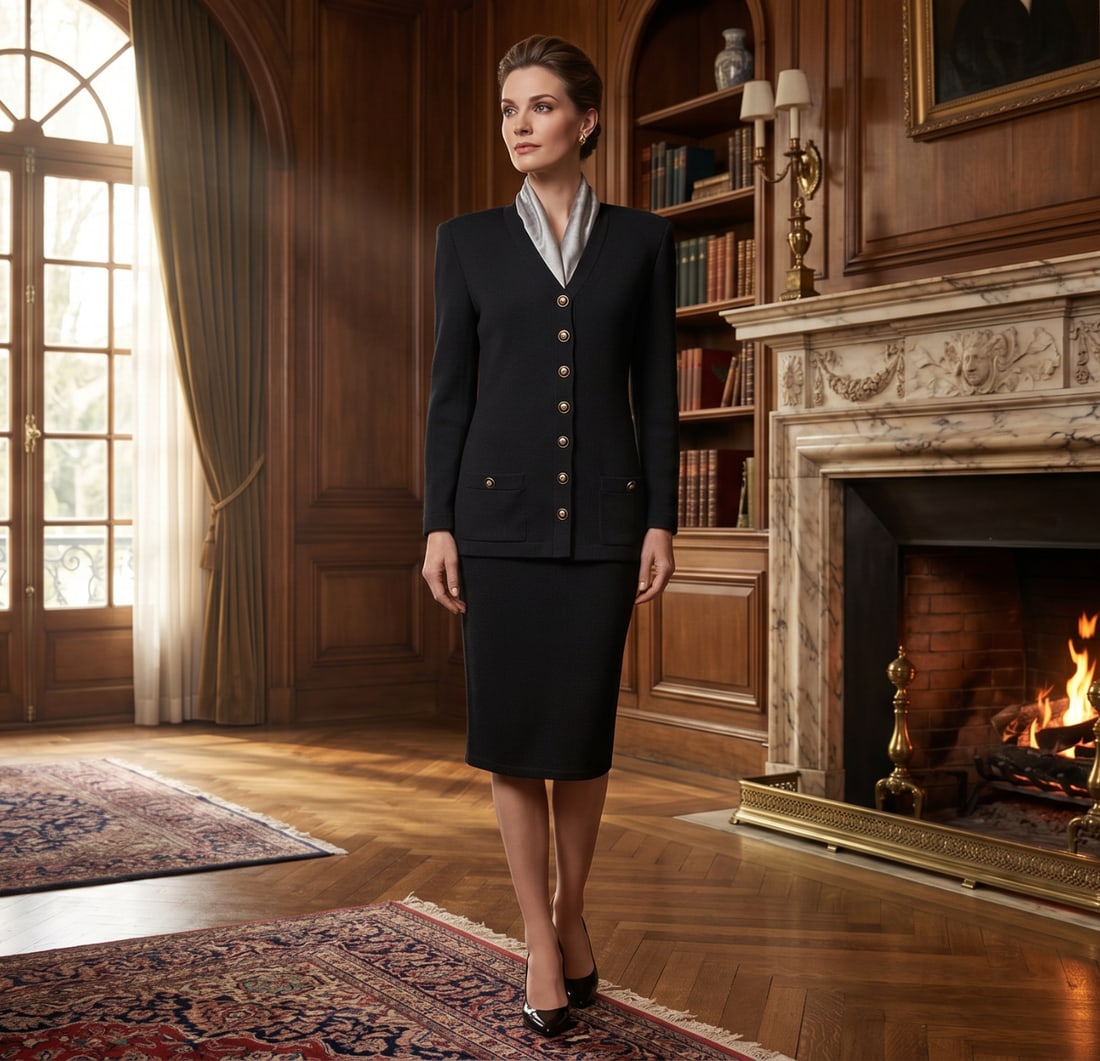 ST. JOHN BY MARIE GRAY BLACK KNIT SKIRT JACKET SUIT: This vintage black St. John knit skirt suit, designed by Marie Gray, is an authentic two-piece set featuring the brand's signature structured elegance and high-quality craftsmanship. Cardigan /