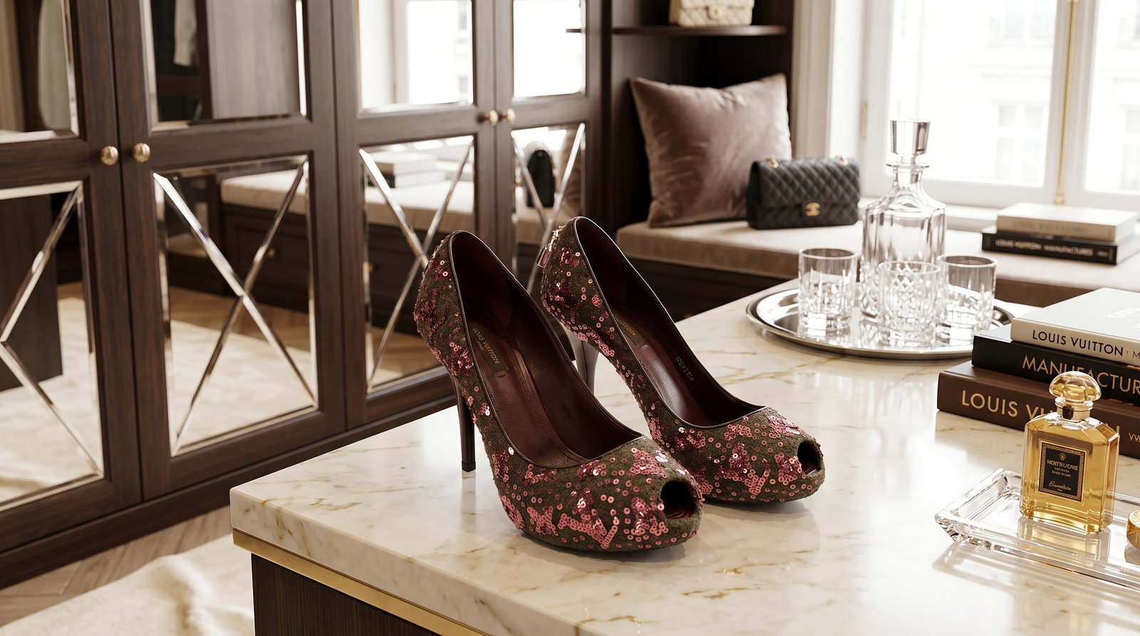 LOUOIS VUITTON "oh Really!" PINK SEQUIN MESH PEEP TOE PUMPS (1 of 11)