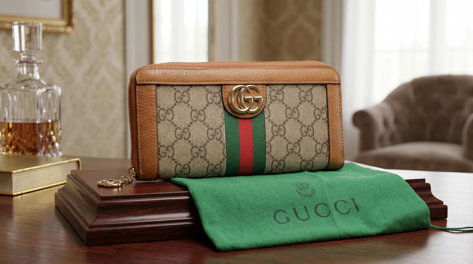 GUCCI OPHIDIA GG LOGO ZIP AROUND WALLET: The item shown is a Gucci Ophidia GG Zip Around Wallet, a classic design that combines the brand's heritage motifs with a functional, modern silhouette. Material: Crafted from GG Supreme canvas, a low