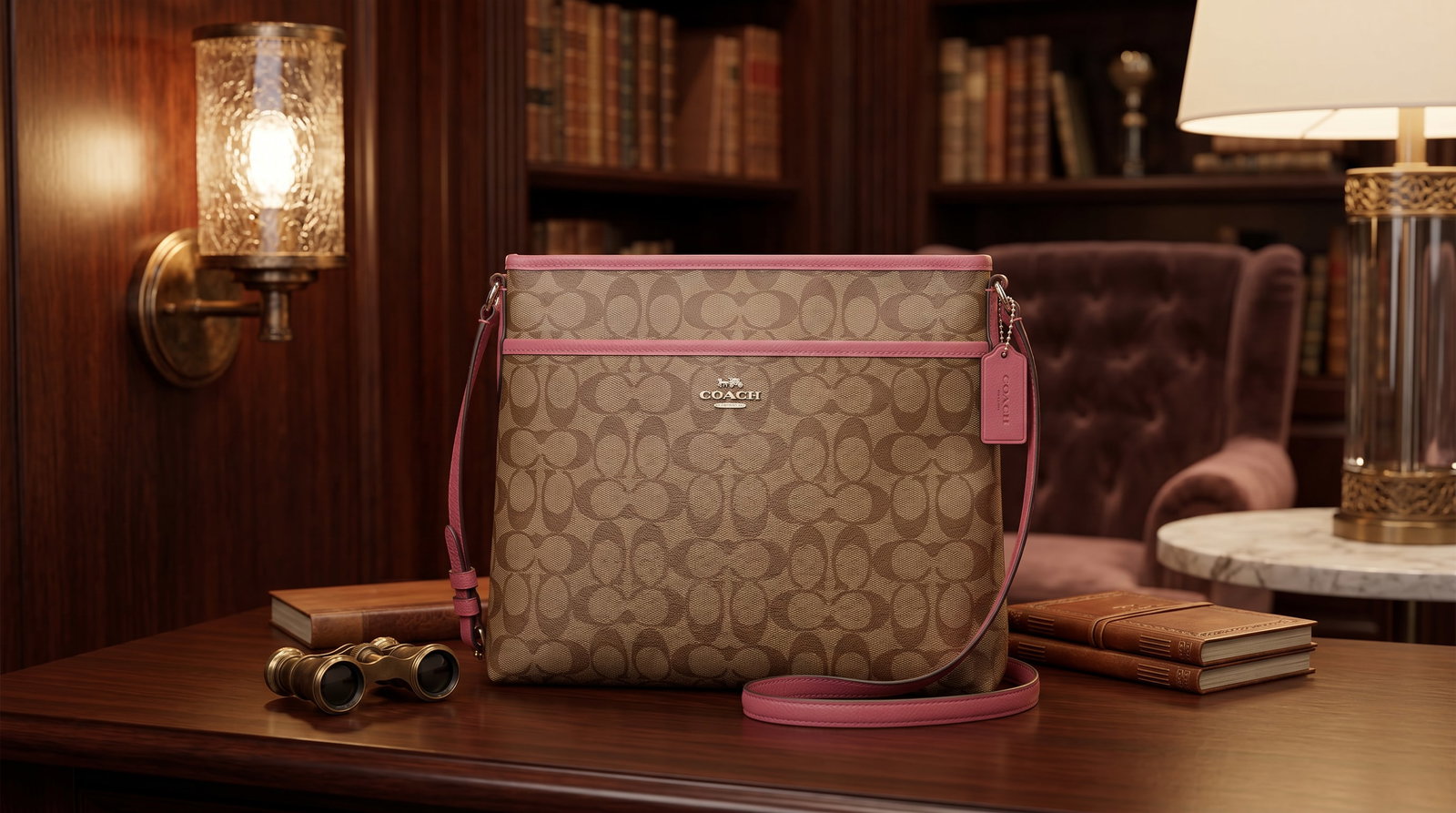 COACH FILE HANDBAG SIGNATURE CANVAS PINK TRIM PURSE (1 of 7)