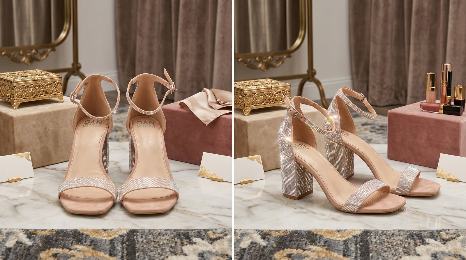 MADDEN NYC BEELLA RHINSTONE BLOCK HEEL SANDALS: These are Madden NYC "Beella" Rhinestone Block Heel Sandals for formal events like prom, weddings, or parties. Aesthetic: The entire shoe—including the straps and the block heel—is embellished wit