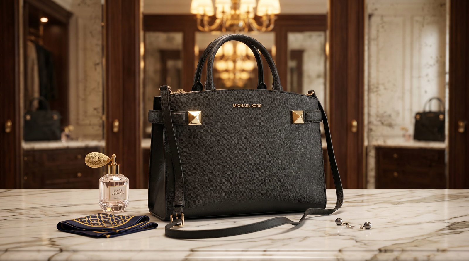 MICHAEL KORS KARLA MEDIUM EAST WEST SATCHEL HANDBAG PURSE: The handbag shown is the Michael Kors Karla Medium East West (EW) Satchel in black. It is a versatile bag designed with a mix of edgy and classic elements, part of the brand's accessible luxury line. 