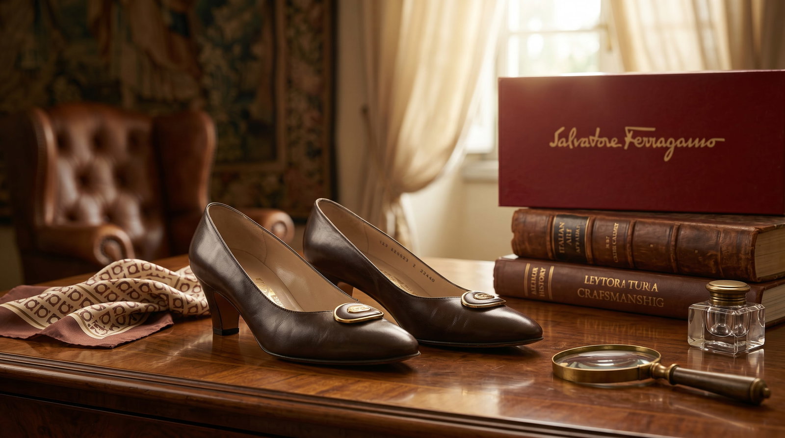 SALVATORE FERRAGAMO BROWN LEATHER PUMPS ITALIAN HEELS: These are vintage Salvatore Ferragamo Brown Leather Pumps, a timeless and versatile design from the Italian luxury house. They represent the classic "boutique" aesthetic often sought by vintage collec
