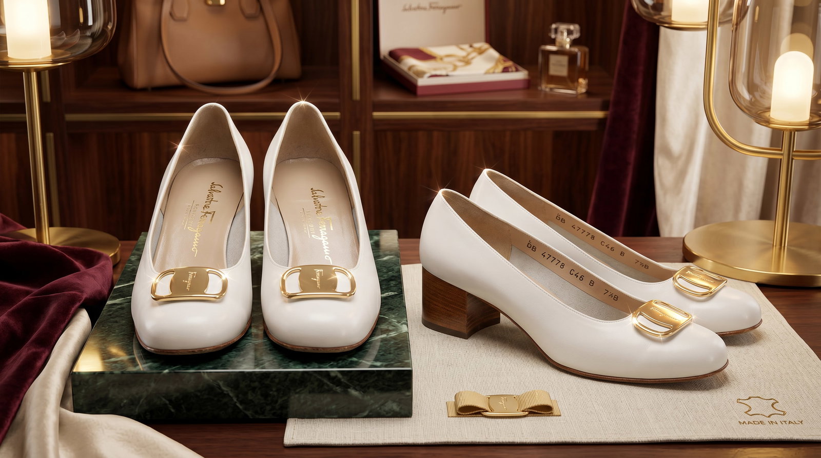 SALVATORE FERRAGAMO BOUTIQUE BLOCK HEEL PUMPS WHITE HEELS (1 of 7)