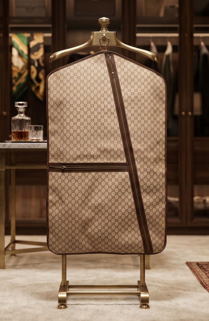 GUCCI GG SUPREME LOGO ZIPPERED GARMENT BAG: This is a vintage Gucci GG Supreme Monogram Garment Bag, a refined travel essential typically dating from the 1970s or 1980s. Material: Crafted from durable GG Supreme canvas in a classic beige and eb