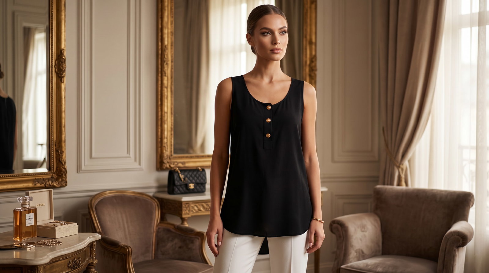 CHANEL BOUTIQUE BLACK SILK SLEEVELESS BLOUSE (1 of 9)