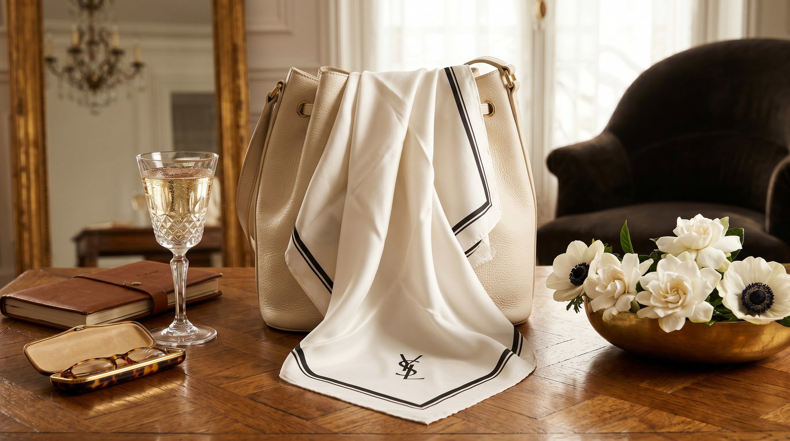 YVES SAINT LAURENT SILK LOGO SCARF: This is a vintage Yves Saint Laurent (YSL) silk square scarf, a timeless accessory that embodies the brand's minimalist and elegant aesthetic. Design: A classic square foulard featuring a clean off-wh