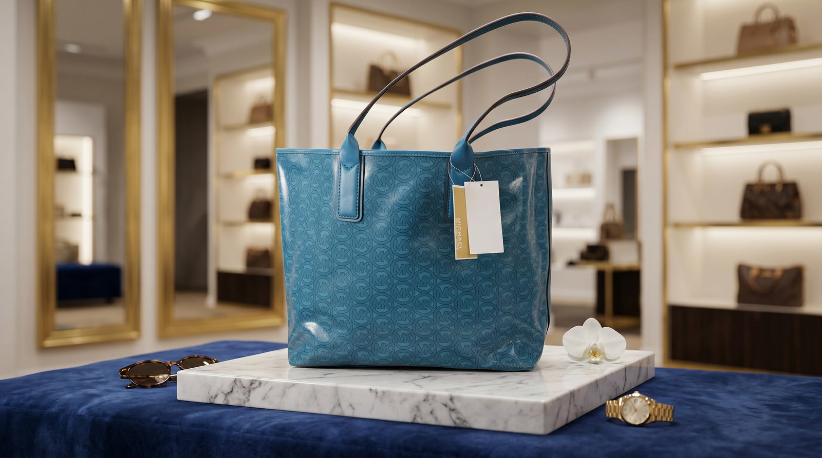 MICHAEL KORS JODIE LARGE LOGO JACQUARD TOTE BAG HANDBAG NEW!: This is the Michael Kors Jodie Large Logo Jacquard Tote Bag in the "Lagoon" color, a versatile and eco-conscious accessory designed for everyday use. Material: This tote is uniquely crafted from 100% 