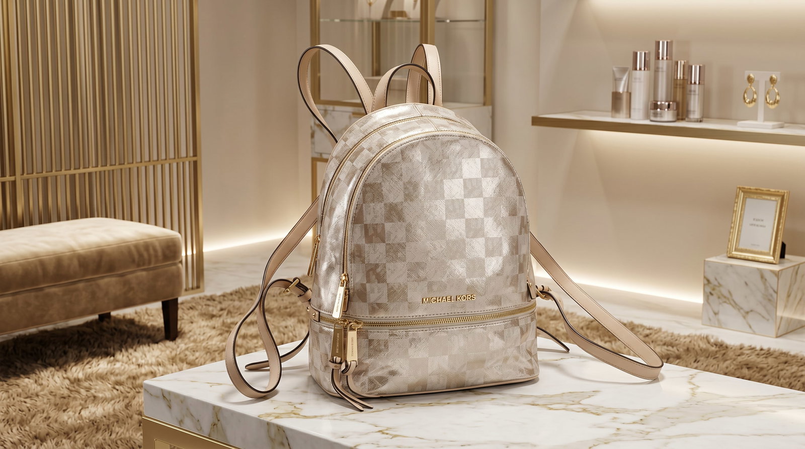 MICHAEL KORS ROSE GOLD RHEA ZIP BACKPACK HANDBAG: This is a Michael Kors Rose Gold Signature Check Rhea Zip Backpack, a stylish and modern update to one of the brand's most enduring and popular designs. Material: This backpack is crafted from a high-