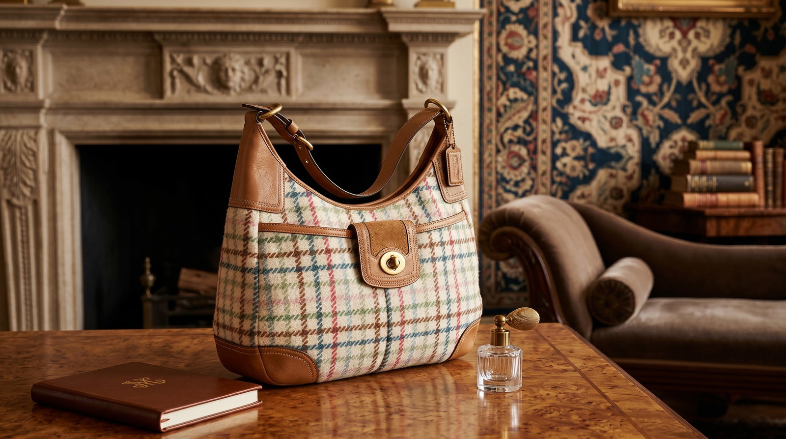 COACH HAMPTONS TATTERSALL WOOL HOBO HANDBAG: This is a Coach Hamptons Tattersall Wool Hobo Bag, a vintage-inspired piece known for its distinctive plaid pattern and classic silhouettes.This specific model, part of the Hamptons collection popular