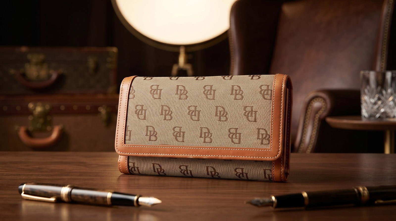 DOONEY & BOURKE SIGNATURE TRIFOLD WALLET: This is a vintage Dooney & Bourke Signature Trifold Wallet in a classic brown and tan colorway.This model is a staple of the brand's early 2000s era, known for its durable materials and functional mul
