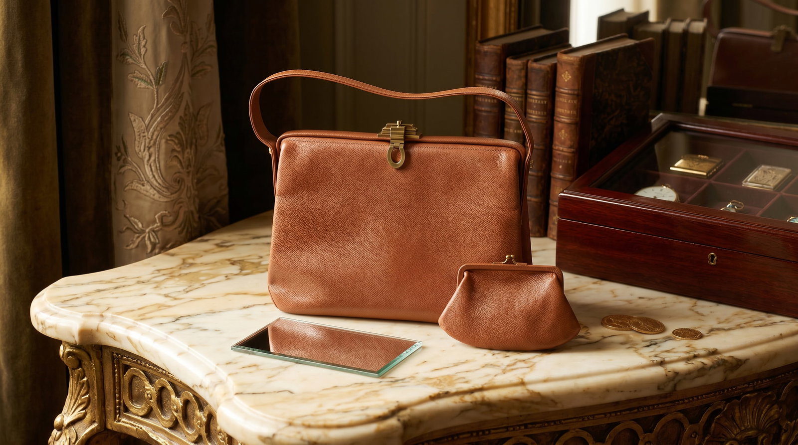 LESCO ENGLISH LEATHER KELLY HANDBAG W/ COIN PURSE & MIRROR: This is a vintage Lesco, England top-handle satchel, a classic mid-century design often referred to as a "Kelly bag" style due to its structured trapezoidal shape and elegant front clasp. Design: A st