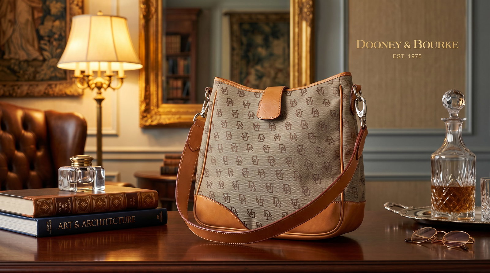 DOONEY & BOURKE SIGNATURE MONOGRAM HOBO HANDBAG PURSE: This is a vintage Dooney & Bourke Signature Monogram Hobo Bag in a classic brown and tan colorway.This specific model is a staple of the brand's mid-2000s era, known for its durable materials and eque