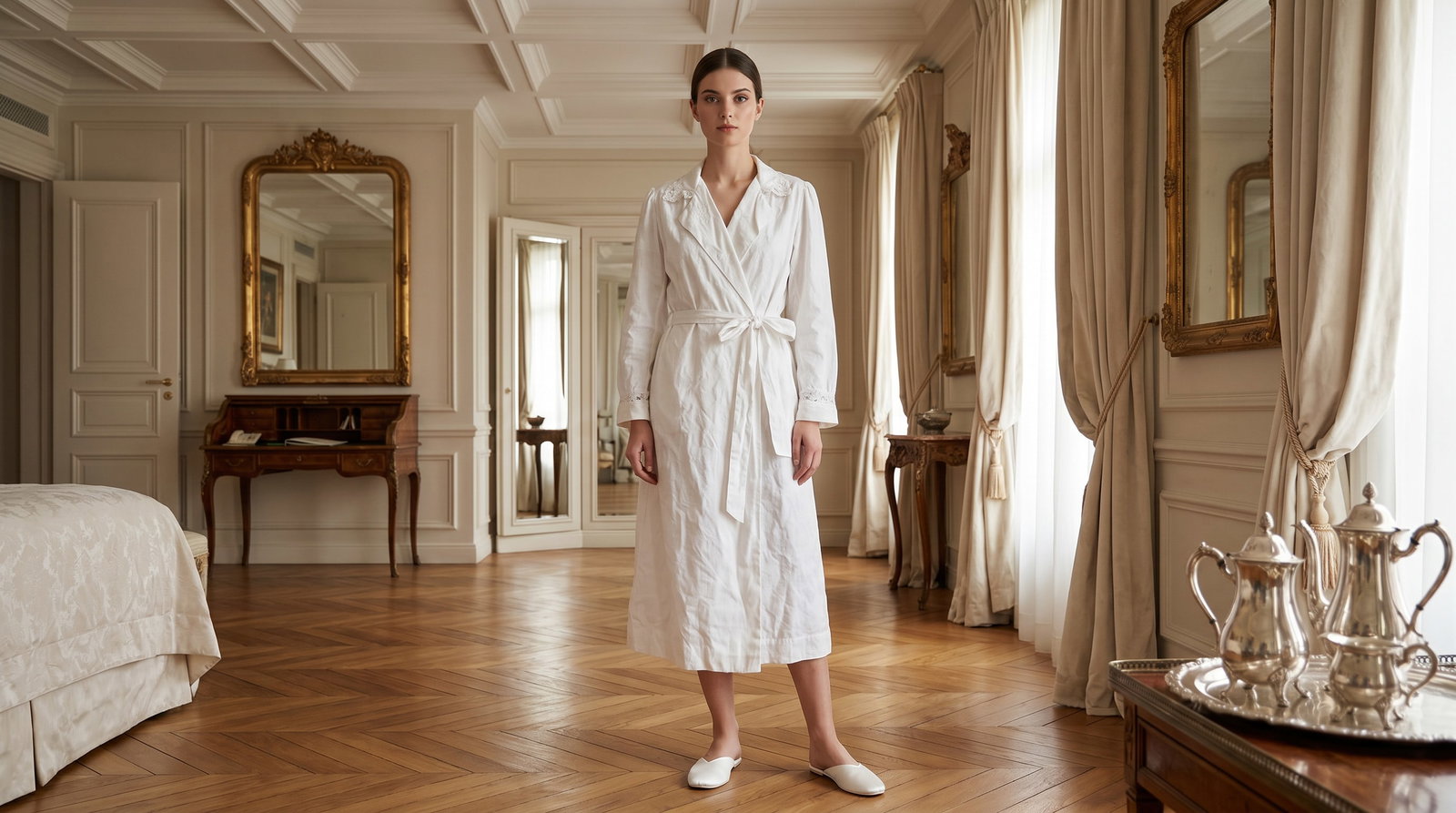 CHRISTIAN DIOR LINGERIE TEXTURED COUNTRY CHIC ROBE: This is a vintage Christian Dior Lingerie white textured wrap robe, likely from the 1970s or 1980s.It is a classic example of Dior's high-end loungewear from that era, which often blended traditional 