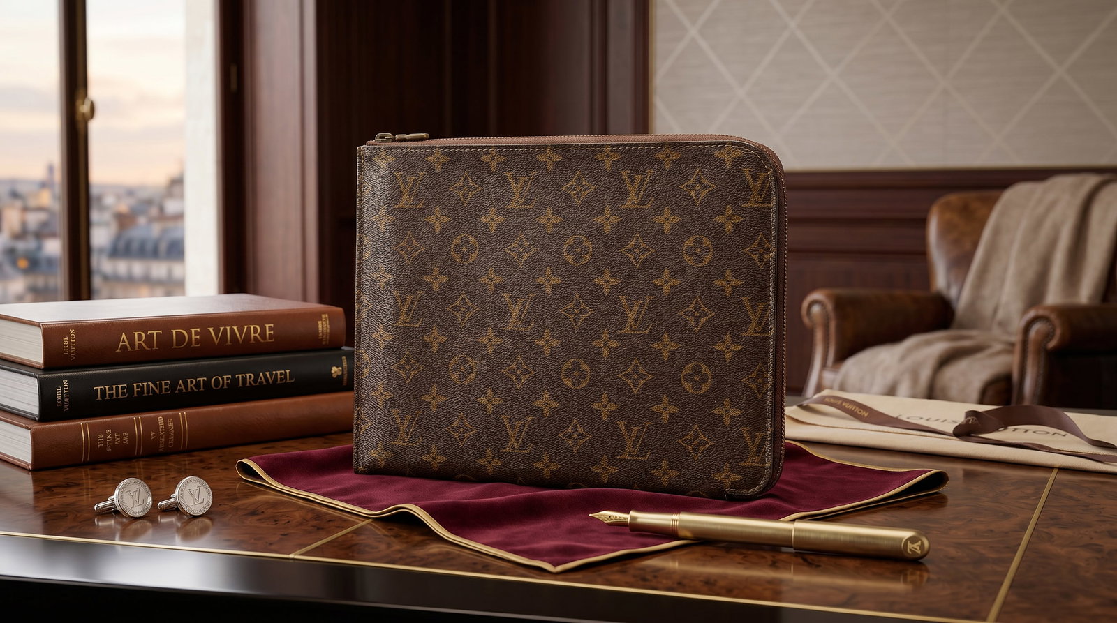 LOUIS VUITTON POCHE DOCUMENTS PORTFOLIO BAG: This is a vintage Louis Vuitton Poche Documents portfolio, a classic item from the house's professional collection.It is designed as a sleek, flat case specifically for carrying A4-sized documents, a 
