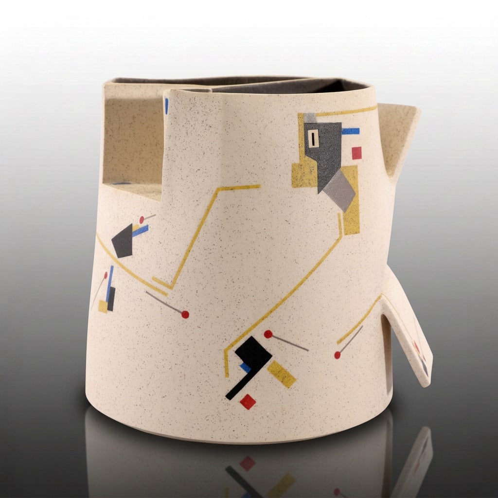 JOSE SIERRA CONTEMPORARY ALTERED GEOMETRIC CERAMIC SCULPTURAL VESSEL: José Sierra (Venezuelan/American, b. 1975) "Stoneware Vase 9" Contemporary Altered Geometric Ceramic Sculptural Vessel Description: An exceptional and highly architectural example of contemporary stu