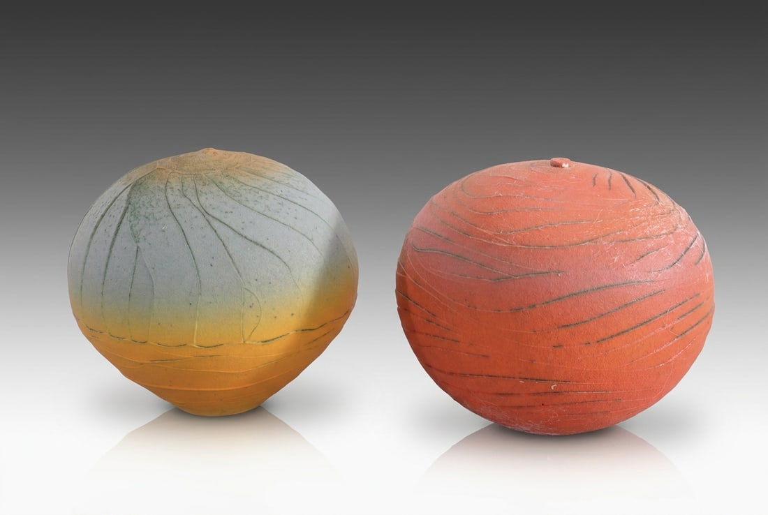 NICHOLAS BERNARD PAIR FINE STUDIO ART POTTERY EARTHENWARE SPHERES: Pair of Nicholas Bernard Fine Studio Art Pottery Earthenware Horizon Spheres Up for auction is a beautiful, complementary pair of original low-fire earthenware vessels handcrafted by the prominent