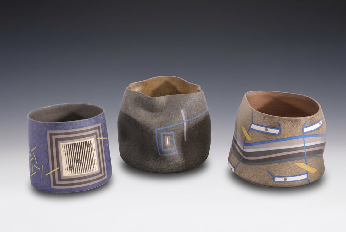 TRIO OF JOSE SIERRA CONTEMPORARY ABSTRACT GEOMETRIC SCULPTURE VESSELS: Trio of José Sierra Contemporary Abstract Geometric Sculptural Ceramic Vessels Up for auction is an exceptional, highly collectible trio of original contemporary abstract ceramic vessels by the