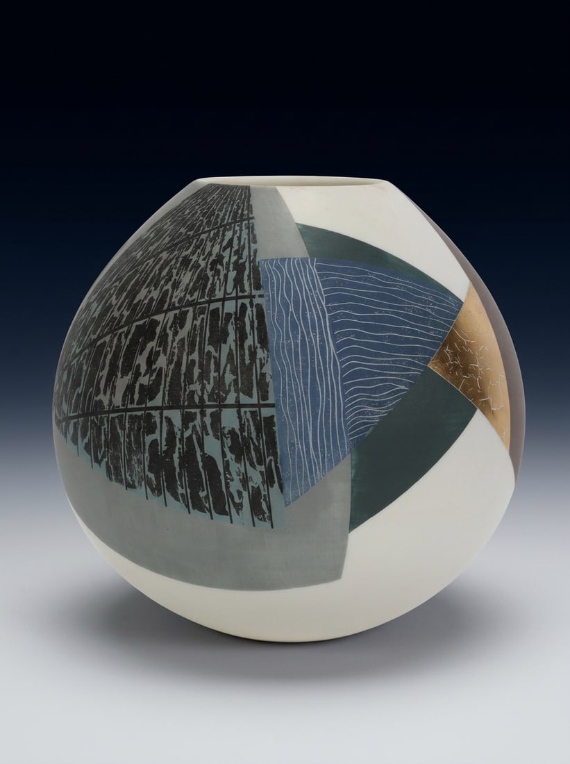 TONY LAVERICK GLOBULAR LUSTRE PORCELAIN ART POTTERY VASE: A Large Globular Lustre Porcelain "Canvas" Vessel by Tony Laverick Lot Details Artist: Tony Laverick (British, b. 1961) Medium: Studio Art Pottery / Decorated Fine Porcelain Dimensions: