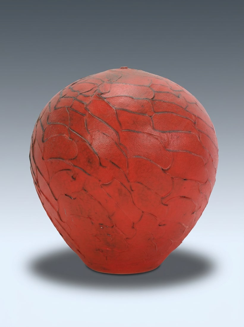 NICHOLAS BERNARD TEXTURED TERRACOTTA ART POTTERY VESSEL: A Vibrant Coined and Textured Earth-Toned Terracotta Vessel by Nicholas Bernard Lot Details Artist: Nicholas Bernard (American, b. 1958) Medium: Studio Art Pottery / Textured Earthenware Dim