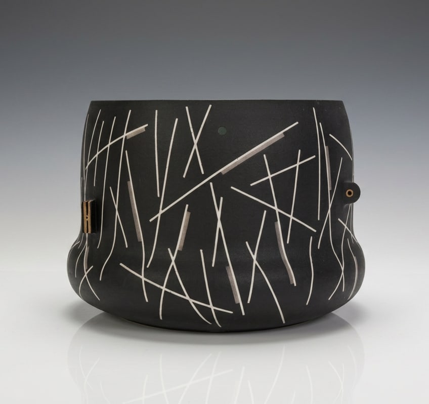 JOSE SIERRA BLACK & WHITE GEOMETRIC INCISED ART POTTERY SCULPTURAL VESSEL: "Stoneware Vase #37" — A Large Black and White Geometric Incised Vessel by José Sierra Lot Details Artist: José Sierra (Venezuelan, b. 1975) Medium: Studio Art Pottery / Incised Stoneware Vessel <
