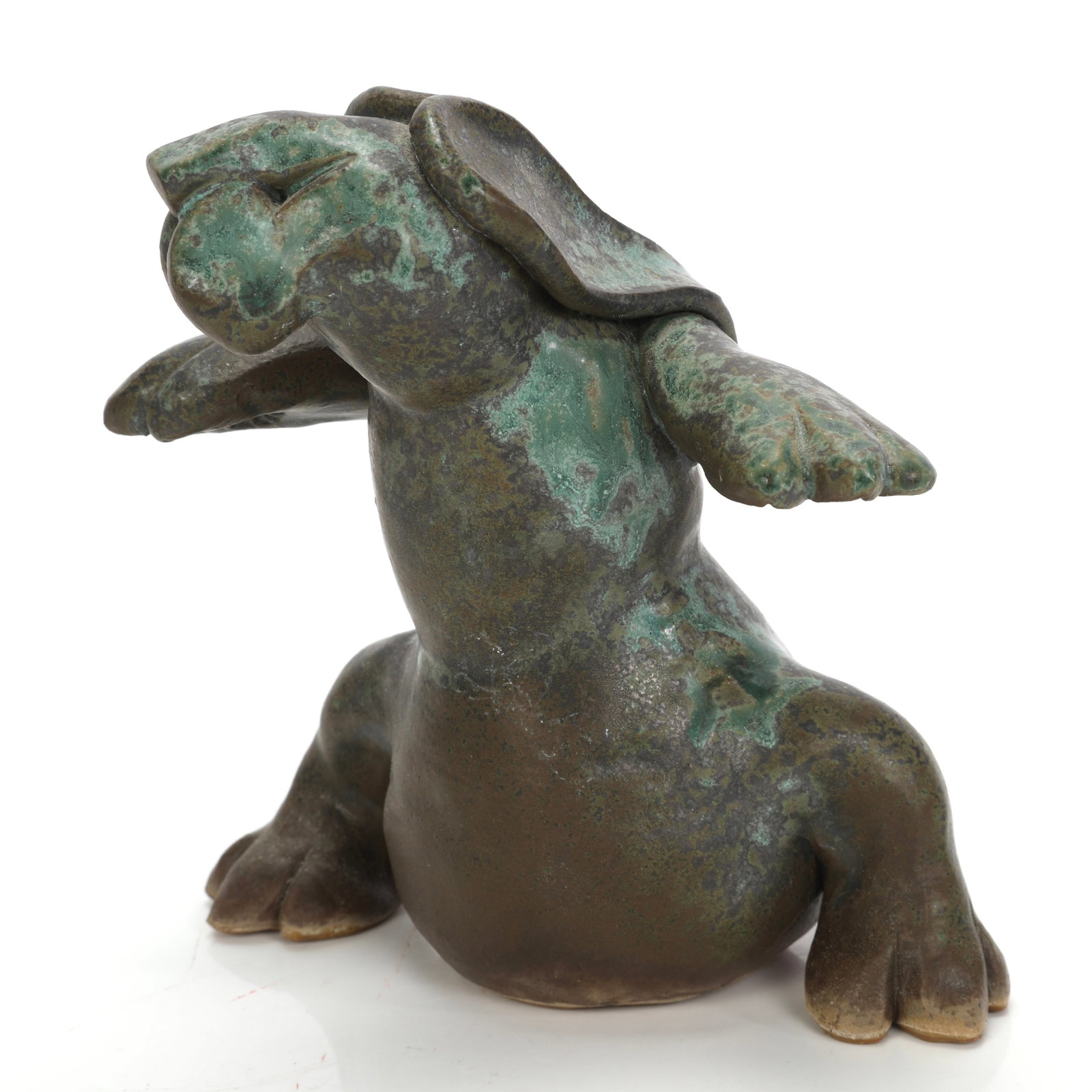 SANDI McFADD WHIMSICAL HARE STUDIO ART POTTERY RABBIT SCULPTURE: Sandi McFadd Whimsical Figurative Studio Ceramics Rabbit Sculpture This charming and imaginative studio ceramic sculpture is a hand-built stoneware creation by the contemporary Midwestern ceramic arti