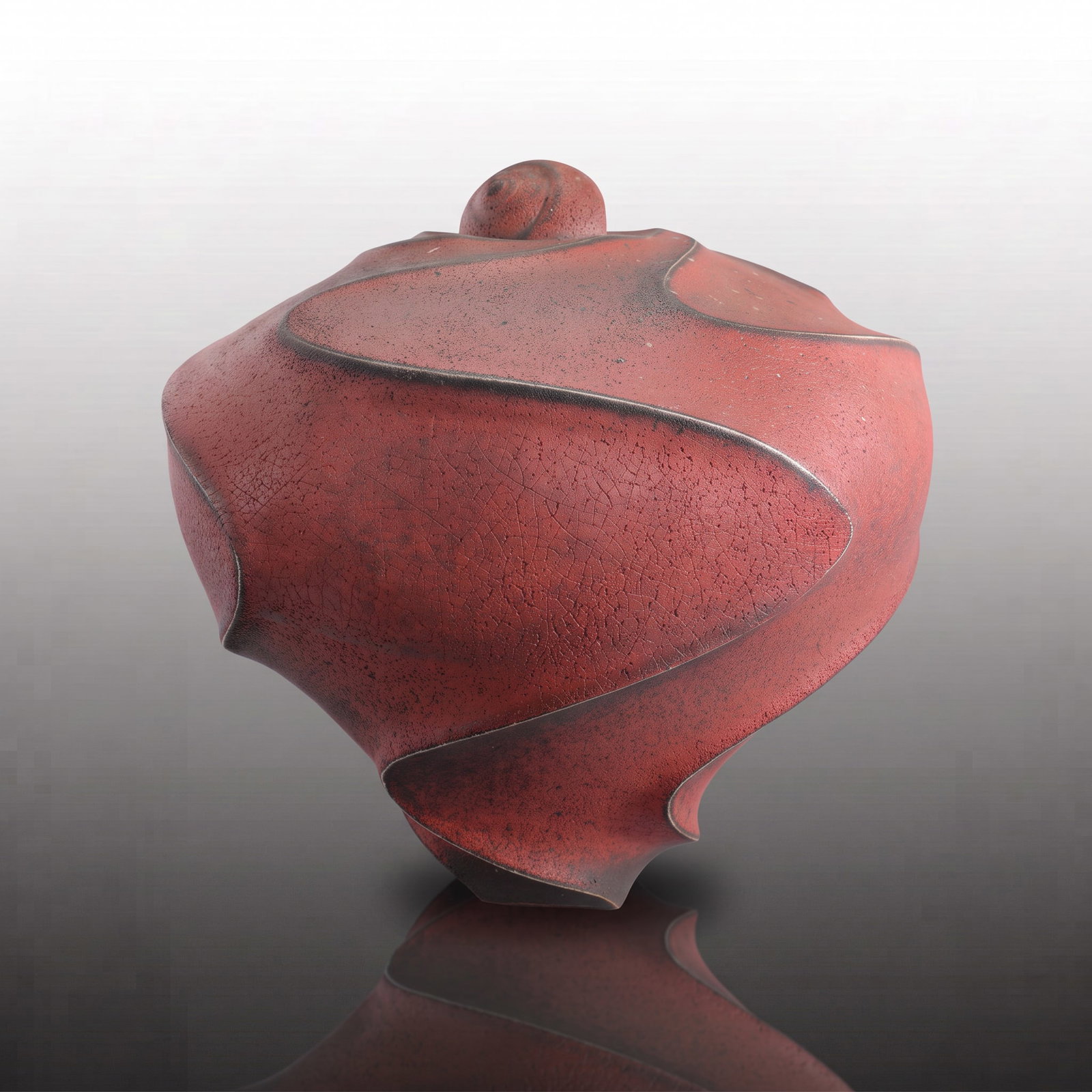 JIM CONNELL MONUMENTAL CONTEMPORARY STUDIO ART POTTERY LIDDED VESSEL: Jim Connell Large Monumental Red Carved and Sandblasted Lidded Jar This monumental, exhibition-scale lidded stoneware vessel is a masterpiece of form and surface treatment by the internationally accla