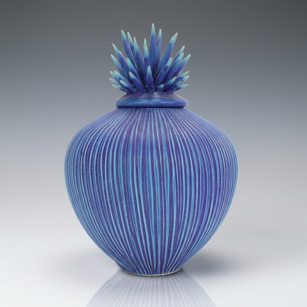 NATALIE BLAKE LARGE COBALT SEED POD ART POTTERY LIDDED VESSEL: Natalie Blake Large Cobalt Fluted Studio Ceramics Lidded Seed Pod Vessel This spectacular lidded studio pottery vessel is a masterfully sculpted and highly intricate stoneware creation by the acclaime
