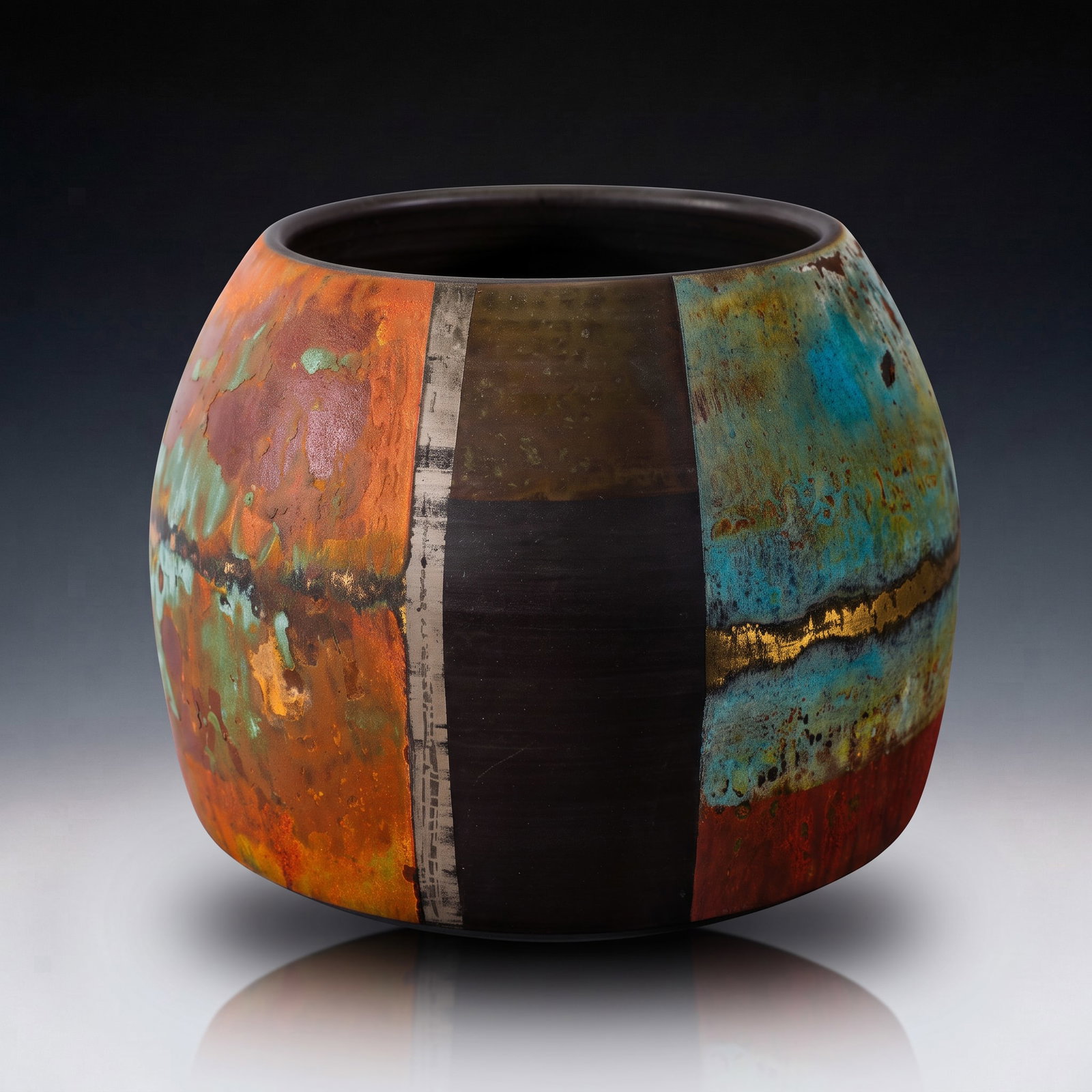 TONY LAVERICK MODERN MULTI-FIRED PORCELAIN GLOBULAR BOWL: Tony Laverick Modern Multi-Fired Black Porcelain Globular Bowl This exceptional studio pottery vessel is a masterfully executed work by the celebrated British ceramic artist Tony Laverick. Hand-thrown