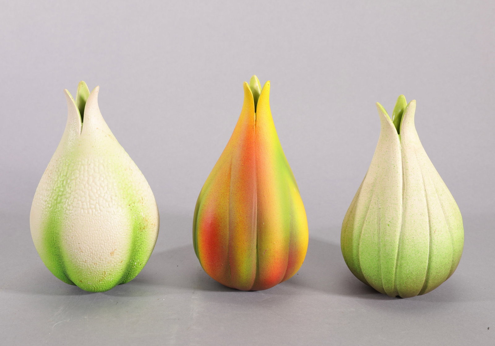 ANDY ROGERS TRIO OF BOTANICAL ART POTTERY SCULPTURES: Andy Rogers Studio Art Pottery Sculptural Vases – Three-Piece Botanical Trio This is a whimsical and masterfully crafted three-piece collection of contemporary studio art pottery by noted Florida ce