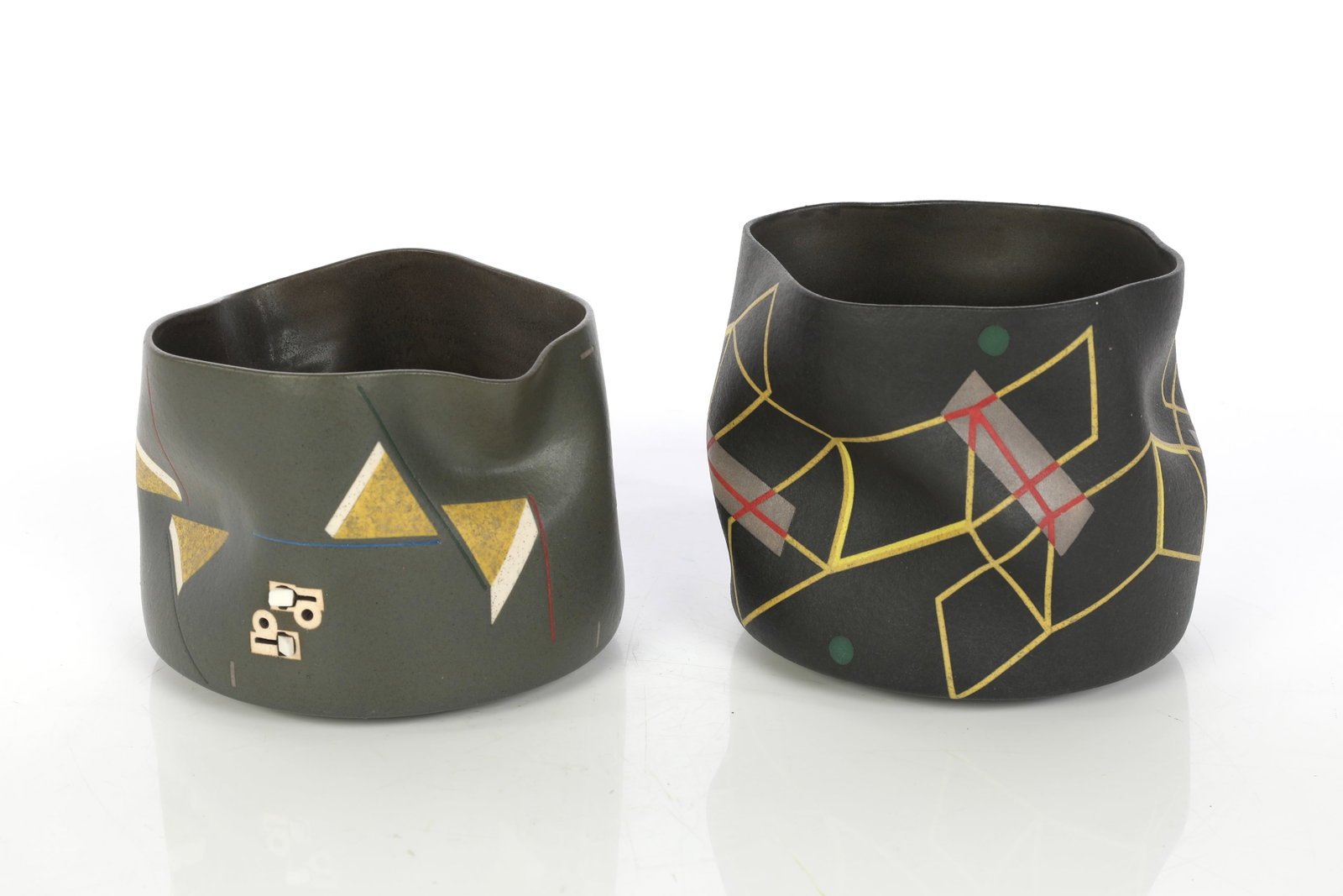 JOSE SIERRA PAIR OF FINE STUDIO ART POTTERY ABSTRACT VESSELS: Lot Description Artist: José Sierra Item: Fine Studio Art Pottery Vessels (Set of 2) Material: Stoneware / Earthenware with slips and incised designs Signatures:<