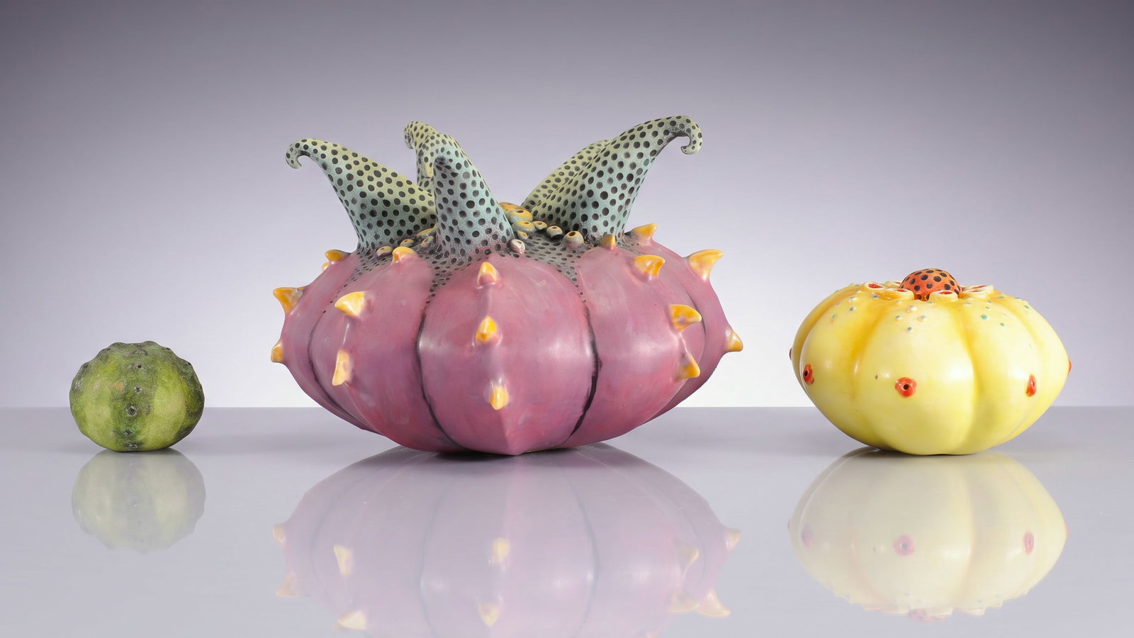 BETH GARCIA TRIO OF BIOMORPHIC STUDIO POP ART POTTERY SCULPTURES: Lot Description This auction features a striking three-piece collection of contemporary biomorphic studio art pottery, headlined by two signed works from celebrated ceramic artist Beth Garcia alongsid