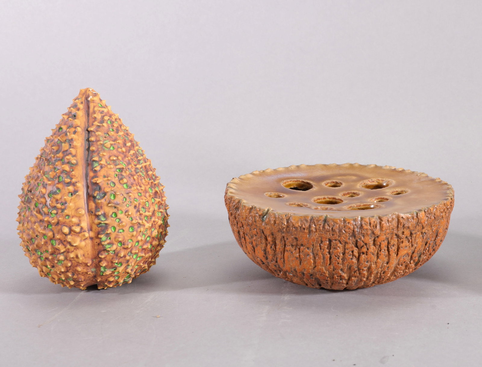 CATHY BROSKI PAIR OF STUDIO ART POTTERY CONTEMPORARY SCULPTURES: Lot Description This auction features an organic and highly tactile two-piece lot of contemporary studio art pottery, highlighting a signed vessel by acclaimed ceramic artist Cathy Broski alongside a 