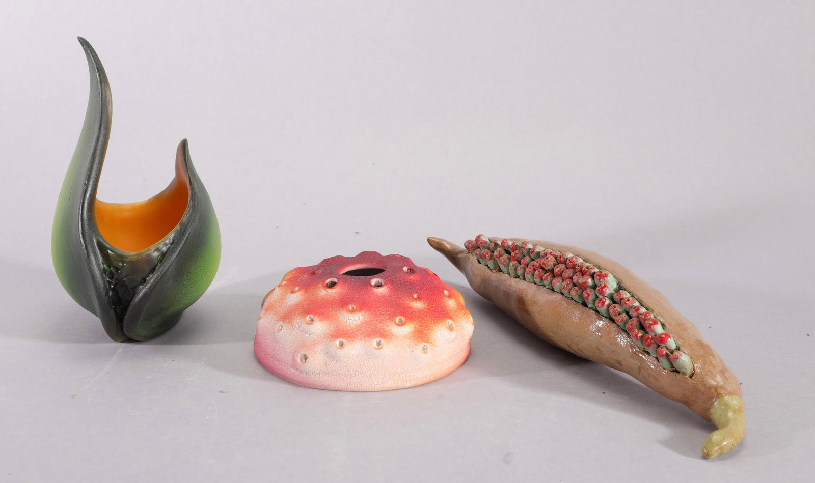 ANDY ROGERS TRIO OF CONTEMPORARY BIOMORPHIC ART POTTERY SCULPTURES: This auction features an exceptional three-piece lot of contemporary biomorphic studio art pottery, highlighting two marked works by noted ceramic artist Andy Rogers alongside a large, highly detailed