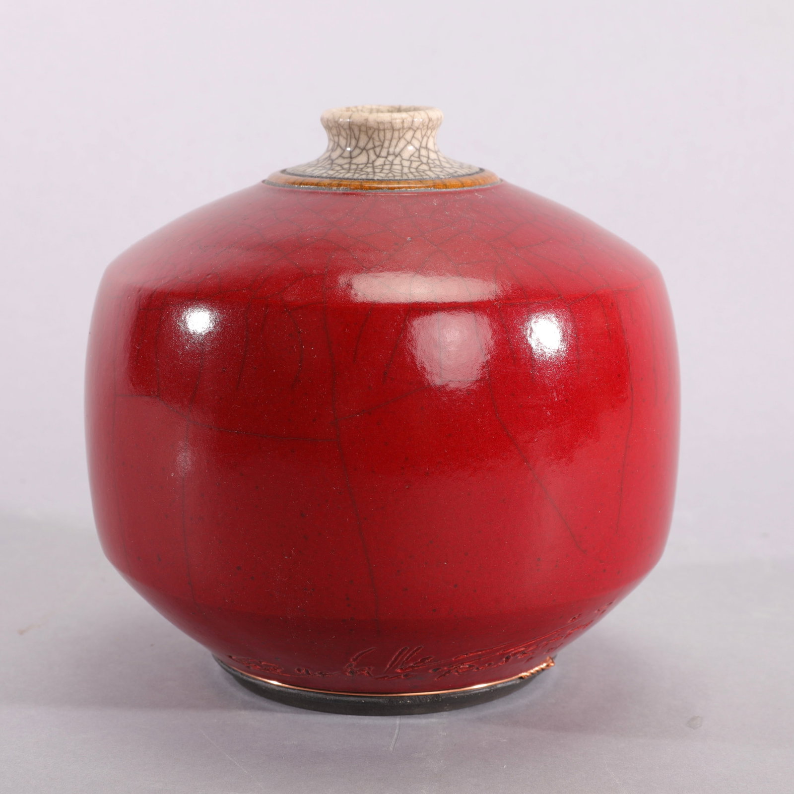 GRUCHELLA ROSETTI CONTEMPORARY STUDIO ART POTTERY VESSEL: This auction features a striking piece of contemporary studio art pottery by ceramic artist Gruchella Rosetti. The vessel exhibits a robust, swollen spherical form that tapers sharply into a short, na