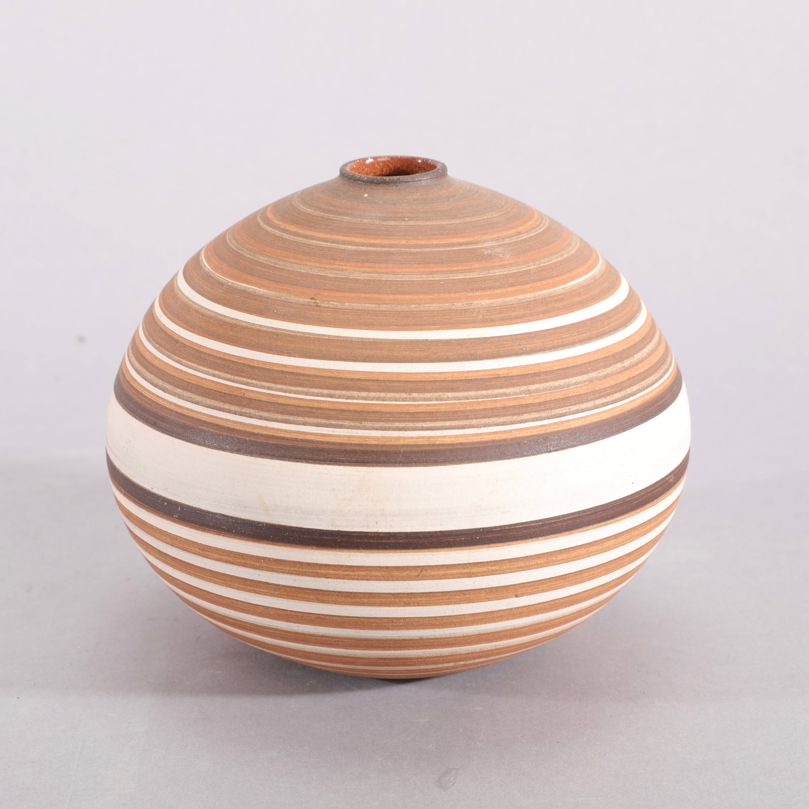 GEORGE BOUTROSS MID-CENTURY MODERN STUDIO POTTERY BANDED SPHERICAL VASE: George Boutross Studio Pottery Hand-Thrown Banded Spherical Seed Vase A striking mid-century modern style studio art pottery spherical seed vase hand-thrown by the notable American ceramicist George B