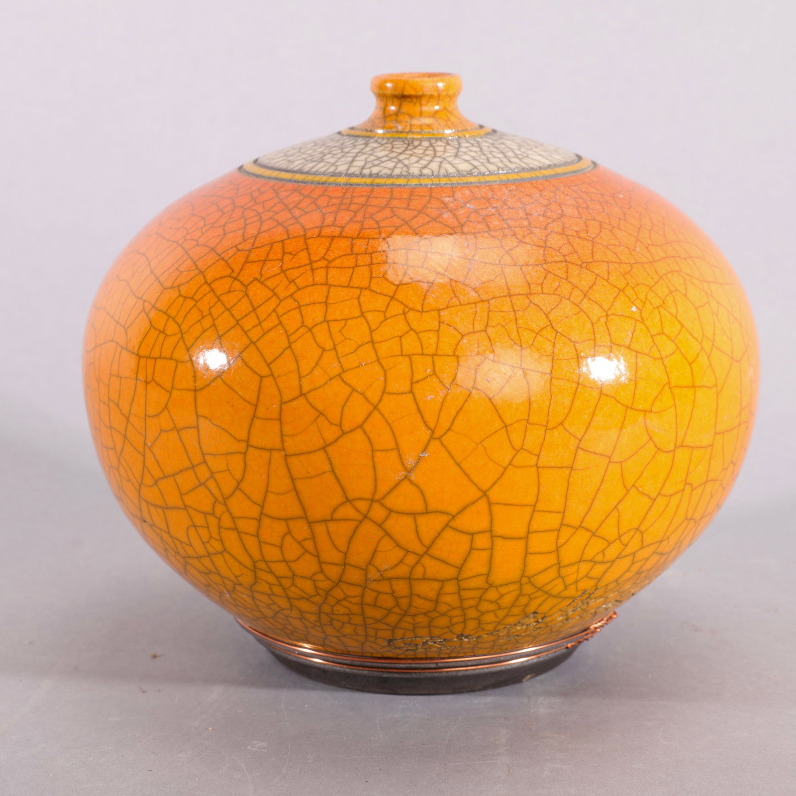 GRUCHALLA ROSETTI STUDIO ART POTTERY RAKU SPHERICAL SEED VASE: Gruchalla Rosetti Studio Art Pottery Raku Spherical Seed Vase A vibrant, masterfully crafted studio art pottery spherical seed vase by the acclaimed collaborative ceramic duo Richard Gruchalla and Car