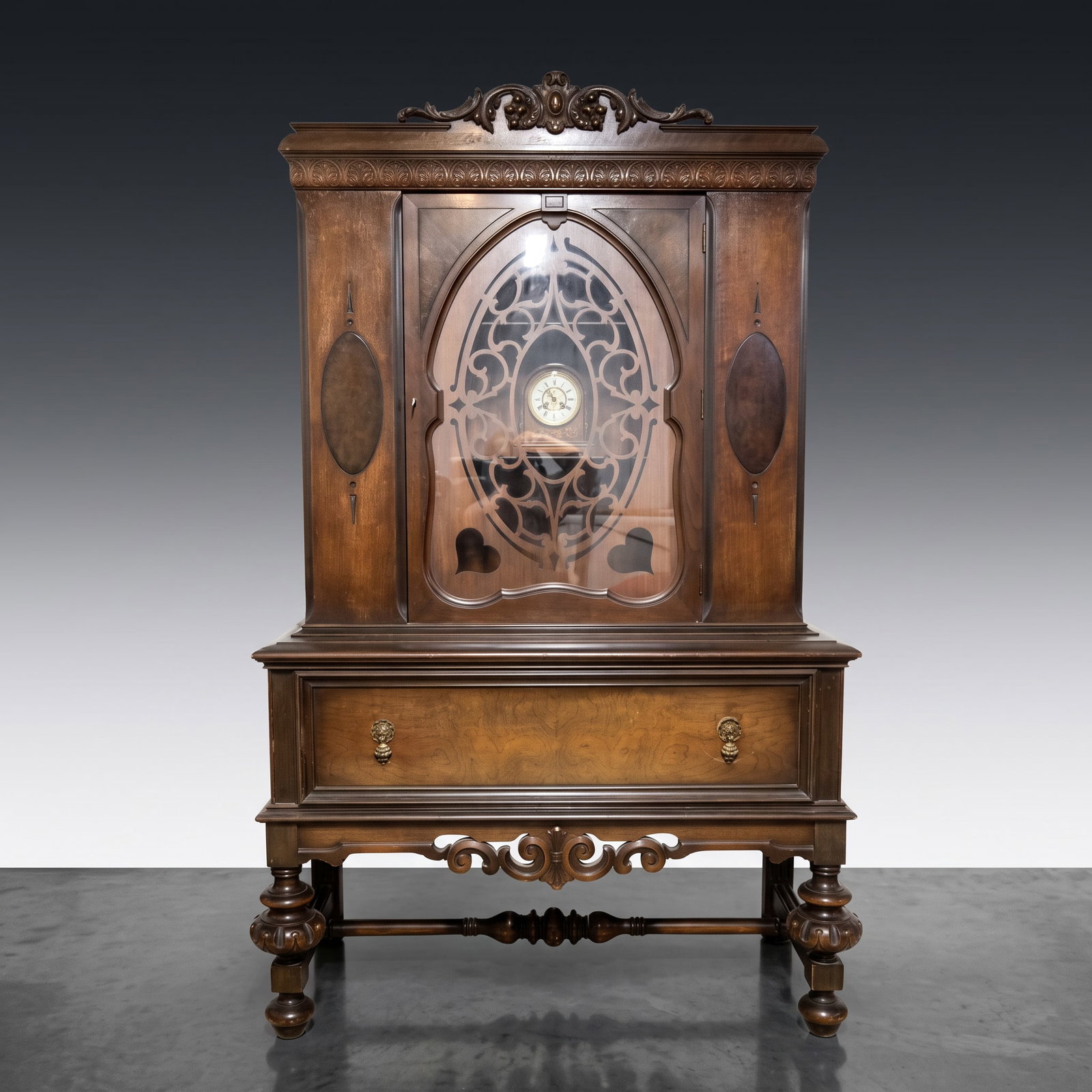 ANTIQUE JACOBEAN REVIVAL WALNUT CHINA CABINET HUTCH W/KEY (1 of 17)