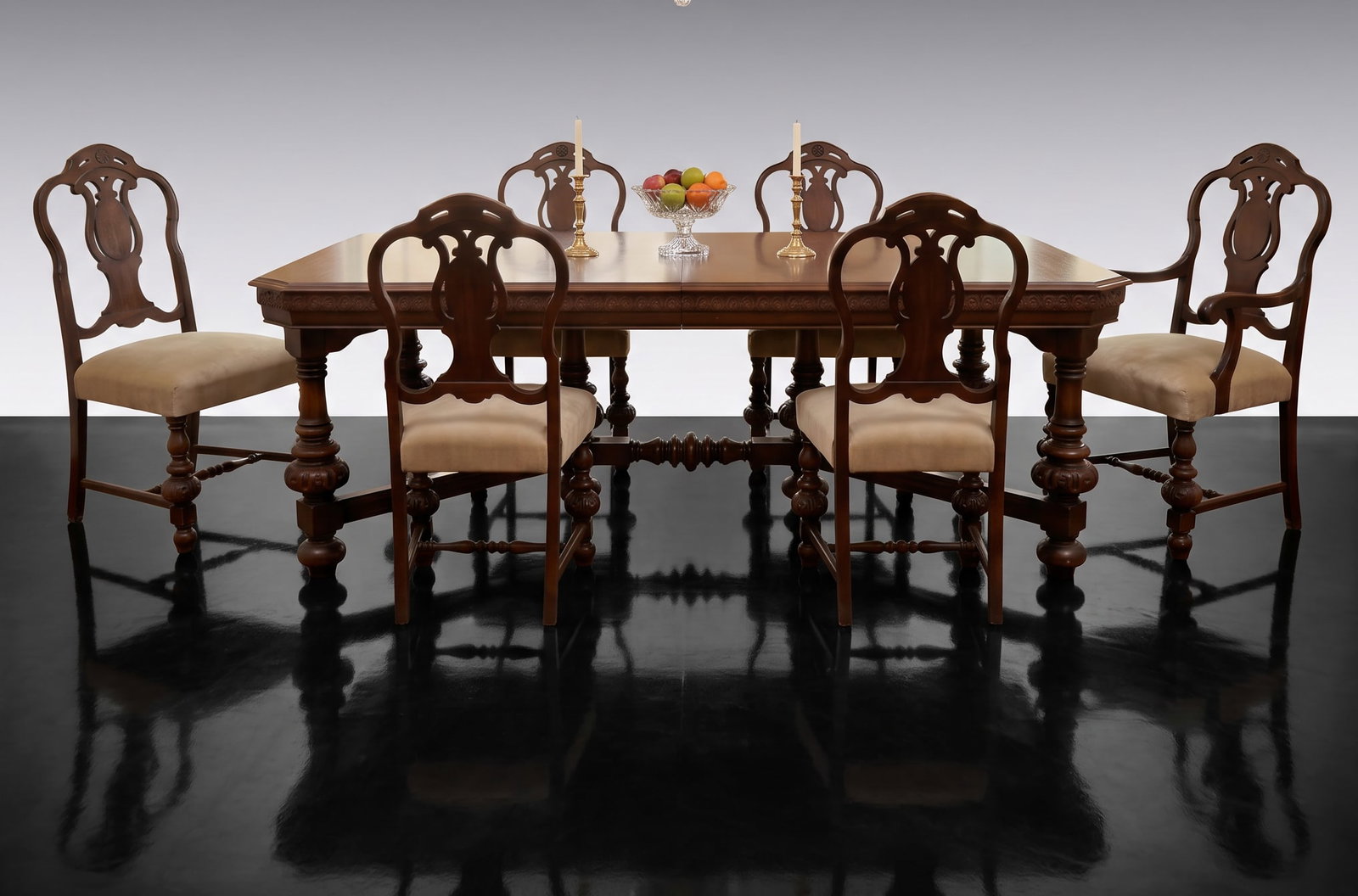 ANTIQUE JACOBEAN REVIVAL WALNUT DINING TABLE 6 CHAIRS & 2 LEAVES (1 of 19)
